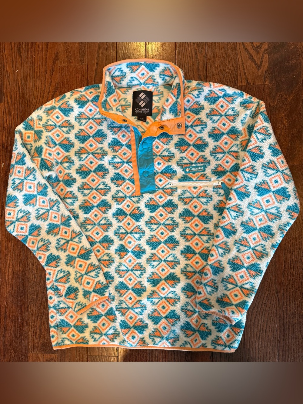 Columbia Printed Fleece Pullover in Teal & Peach medium Aztec